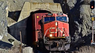 Stack Trains Tightly Squeeze Thru Tunnel At Black Canyon, CN EMD Lashup and Safety Inspection Car