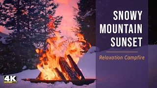 10 hour Campfire 🔥 Cozy Winter Mountain Campfire with Stunning Sunset, 4K Fireplace Video