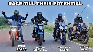 Yamaha R15M Vs Pulsar RS200 Vs Suzuki Gixxer 250 Vs Ktm RC200 | Race Till Their Potential