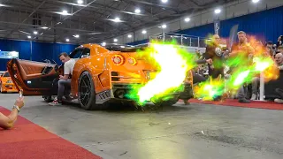 CRAZY CARS REVVING AT INDOOR CARSHOW, WHO HAS THE BIGGEST FLAMES? GTR's, 600LT, 880HP TWIN TURBO E30