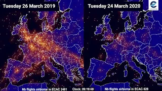 Air traffic situation over Europe - 26 March 2019 vs 24 March 2020