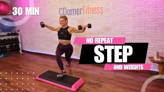 30-Minute Step & Strength: No-Repeat Stepper Workout with Weights