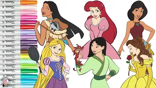 Disney Princess Coloring Book Compilation Mulan Pocahontas Ariel Jasmine Belle Rapunzel Cinderella