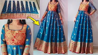 Anarkali dress cutting & stitching for beginners | 16 layers | Convert saree into long gown/frock