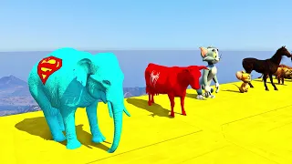 Superman Elephant, Chop, Batman Cow and Tiger dive into the water through a Pipe ( GTA 5 )