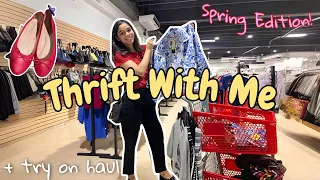 thrift with me for SPRING + try on haul! Jean jackets, cargo skirts, disney tees & more!