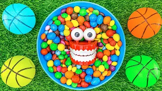 Satisfying Video | Rainbow Plate Full Of Color Candy Skittles with Colorful Basketballs Cutting ASMR