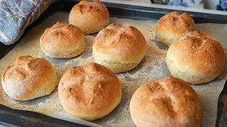 No-knead crusty buns! Best easiest bread you'll ever bake! 4 ingredients!