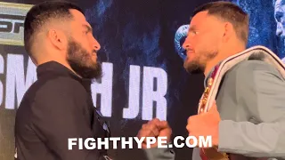 JOE SMITH JR. DAPS UP ARTUR BETERBIEV AT FIRST FACE OFF; SIZE EACH OTHER UP DURING STAREDOWN