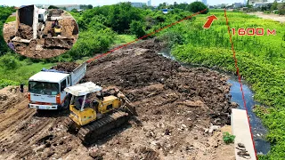 Part 2 ! Develop Long Road Plan B by KOMATSU Dozer D31P Push Mud to water & Truck Fly Unloading Mud