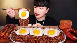 ENG SUB)My First Cooking Video! Instant Black Bean Noodles Mukbang (ft. Fried Egg, Kimchi)