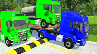 Flatbed Trailer Cars Transportation with Truck - Speedbumps vs Cars vs Train - BeamNG.Drive #008