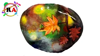 Tree leaves of fall rock painting tutorial