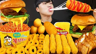 ASMR MUKBANG | CHEESE BURGER, Cheese stick, Fire Noodles, hot dog recipe ! eating