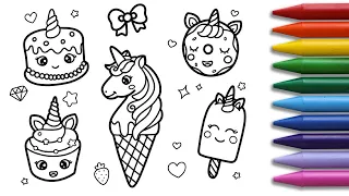 How to draw Unicorn Ice cream Donut Cupcake & Cake for kids - Preschool easy colouring- DrawColor