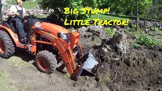#288 Kubota B2601 compact tractor. Stump bucket. Stump'in down in the meadow. outdoor channel.