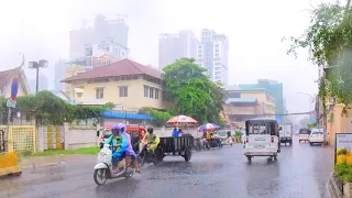 Heavy Rain in Phnom Penh, Cambodia - Walking in the Rain with Umbrella