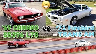 1972 Firebird Trans Am vs 1969 Camaro SS - PURE STOCK DRAG RACE (single heads up)