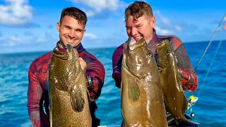 Spearfishing 150km offshore in blue lagoon, Great Barrier Reef, Windy and lots of sharks.