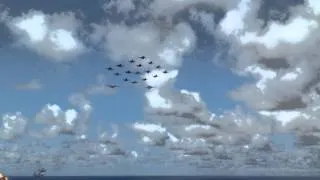 18 fighter jets fly in formation over the USS John