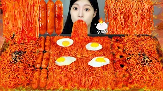 ASMR MUKBANG| Spicy Fire foods Special (Fire noodles, Enoki Mushroom, Shrimp, Sausage).