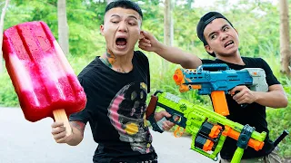 Battle Nerf War: Bakery Owner & Blue Police Skills Nerf Guns Robbers Group ORANGES ICE CREAM BATTLE