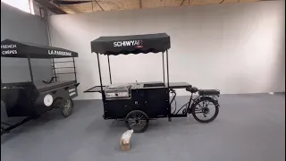 The just-completed all-black Pancake food cart has a small freezer + sink water supply system