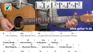 20.1 Country Roads - John Denver, Cover, Tutorial, Guitar Chords, Tabs, Lyrics, Lesson