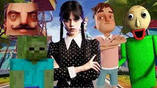 Hello Neighbor - New Neighbor Minecraft Zombie Wednesday Addams Aaron Baldi Final History Gameplay