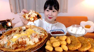 김치피자탕수육 고구마치즈볼 해쉬브라운 과일탕수육소스🥰 Kimchi Pizza Tangsuyuk Sweet Potato Cheeseball Kfood Mukbang
