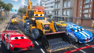 Excavator Takes on 2 Crazy Cars in Thrilling Race Adventure! Hero Cars High-Speed Racing Compilation