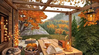 Autumn Cozy Ambience on Terrace with Campfire, Falling Leaves and Relaxing Birdsong in Fall Forest