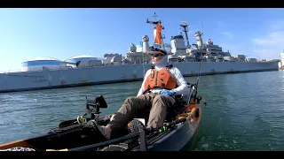 Brackish water Kayak fishing next to the heavy cruiser USS Salem!  Old Town 106 powered by Minn Kota