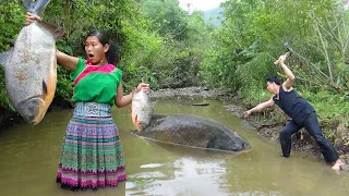 Primitive couple meet big fish - Skills catching big fish for food - Cooking delicious