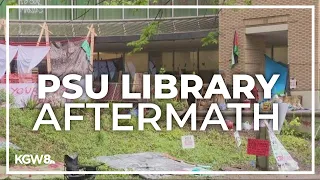 Crews work quickly to clean up Portland State University library after damage done by protesters