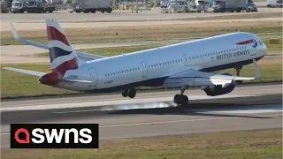 British Airways plane hits Heathrow runway in aborted landing during Storm Corrie | SWNS