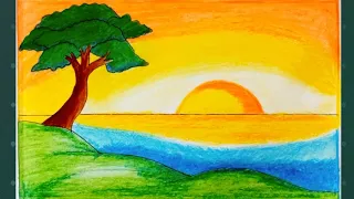 Sunset drawing with pencil colours/beautiful sunset drawing for beginners/Brighten with colours
