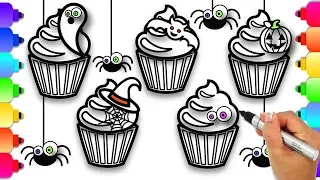 Learn to Draw and Color Halloween Cupcakes | Easy Art | Halloween Coloring Pages 👻🕸🎃