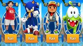 Sonic Dash vs Om Nom Run Subway Surfers Tag with Ryan - All Characters Unlocked All Vehicles Boards