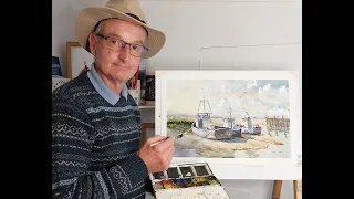 Colinsteedart. Watercolour tutorial demonstration. Boats, Brancaster Staithe, North Norfolk the UK.