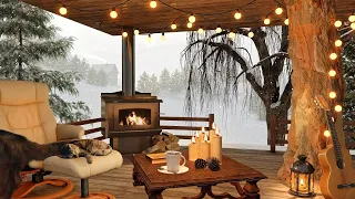 Winter Cozy Veranda with Snow Falling Ambience and Relaxing Sounds of Crackling Porch Fireplace