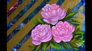 Пионы на полосатом фоне.  Масло.  how to paint peonies oil