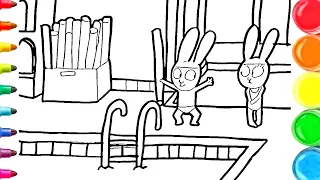 dessin et coloriage Simon le lapin à la piscine/ draw and color for kids #TT115