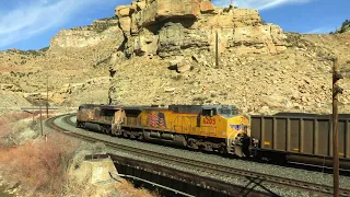 Union Pacific coal train climbs the steep grade of Soldier Summit, Utah with 7 locomotives