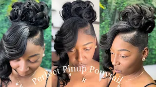 Pin Curl Pin Up Ponytail with layered Quickweave Side bang | Look & Learn How to achieve this look