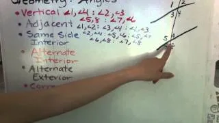 Geometry Angles: Vertical, Adjacent, Same Side Interior, Alternate Interior/Exterior, Corresponding