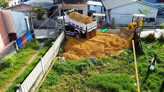 New Project!!! Dozer & Dump Truck Starting To Pour Soil​ On water and grass To Build a House​. Nice!