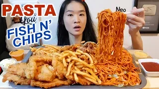 Spicy Chili Crab Pasta & Fish N' Chips!! Spaghetti Noodles | Crunchy Mukbang w/ Asmr Eating Sounds
