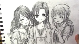 How to Draw Anime Girls (three friends hugging each other) - Real time