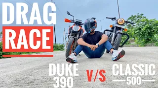 Duke 390 v/s Classic 500 // Drag race // damdaar classic 500 vs rocket duke 390 //prithvitomar9